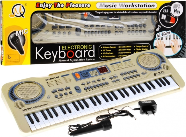 Beige keyboard for children with microphone and USB player