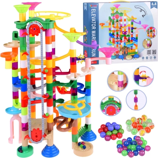 Colorful marble run with battery lift, 236 pieces