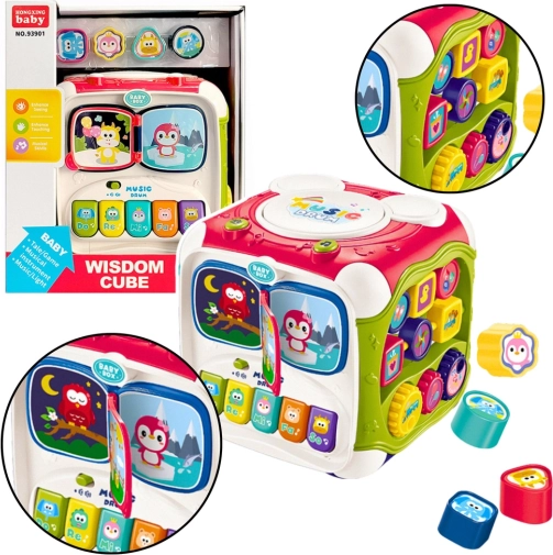 Interactive multifunctional color cube for children with a piano and shape sorter