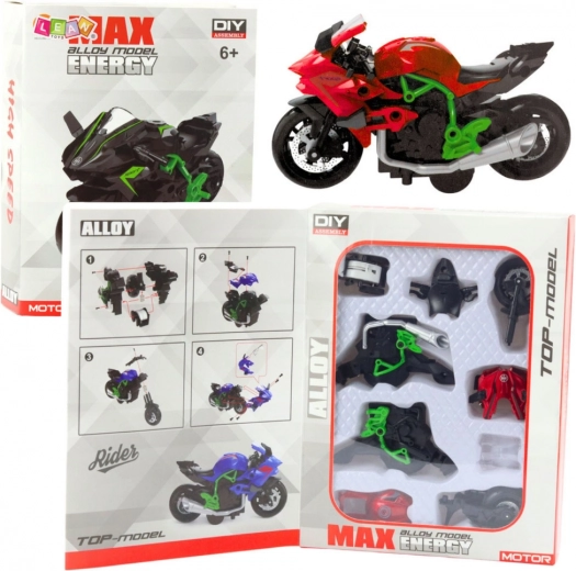Motocykel na zostavenie 1:14 zeleno‑červený DIY kovový model