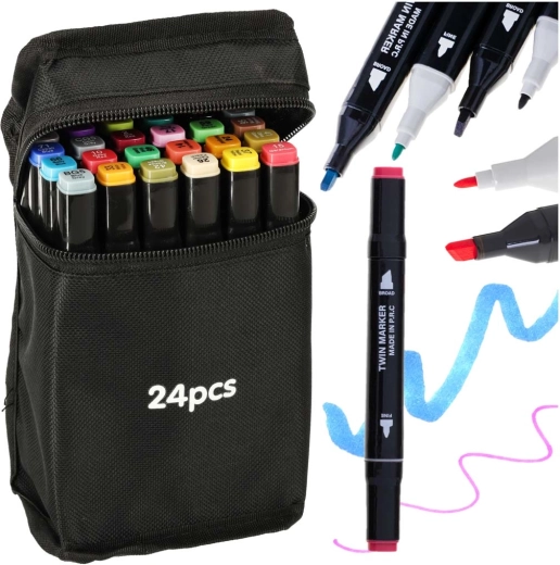 Marqueurs alcool à double pointe en étui, 24 couleurs + support
