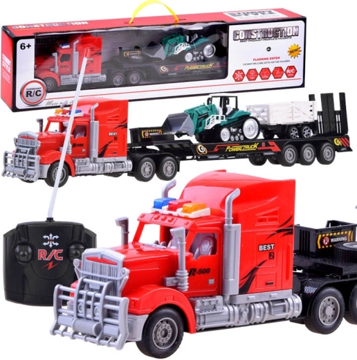 RC truck with low-loader trailer and tractor with trailer – Red