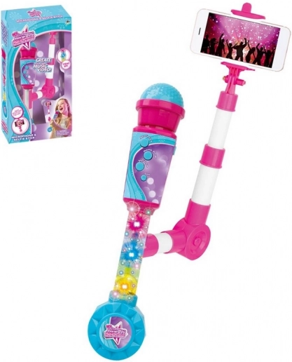 Battery-powered microphone with light effects and selfie stick
