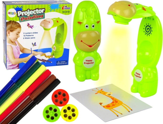 Kids’ drawing projector with templates and markers – green