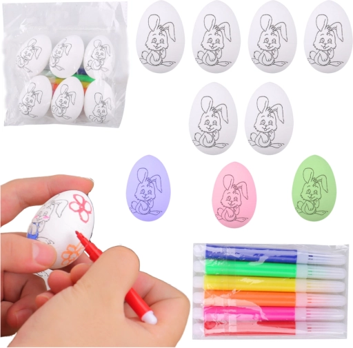 Easter polystyrene eggs for painting with bunny pattern, 6 pcs with markers