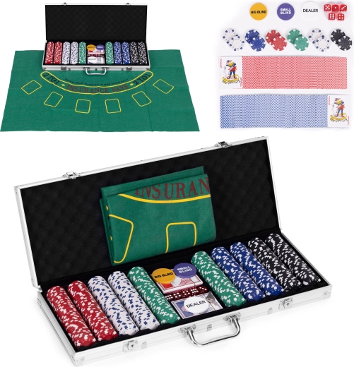 Poker- en blackjackset – 500 fiches, 2 kaartspellen, dobbelstenen, speelmat, afsluitbare koffer