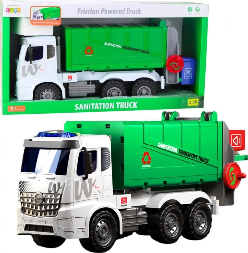 large garbage truck set with lifting container, lights and sounds, green 1:10