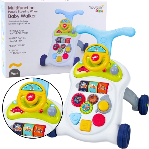Interactive walker with steering wheel, lights and sounds