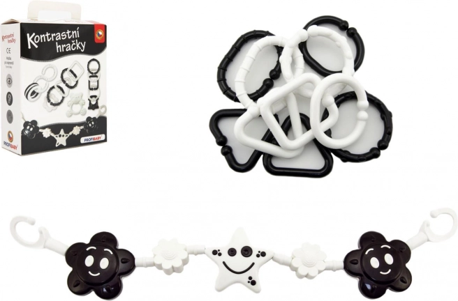 Ensemble de jouets contrastés pour bébé – hochets, anneau de dentition et arche suspendue pour poussette