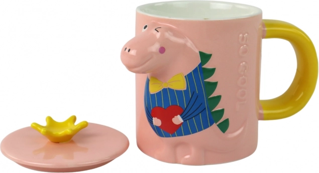 Pink ceramic mug with lid and spoon, dinosaur design, 400 ml