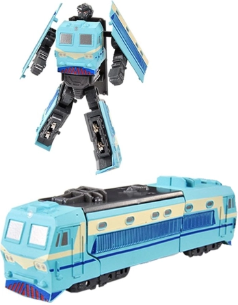 Metallroboter verwandelbar in eine blaue Lokomotive