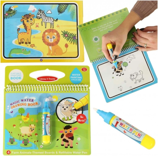 water coloring book with animals with a magic water marker