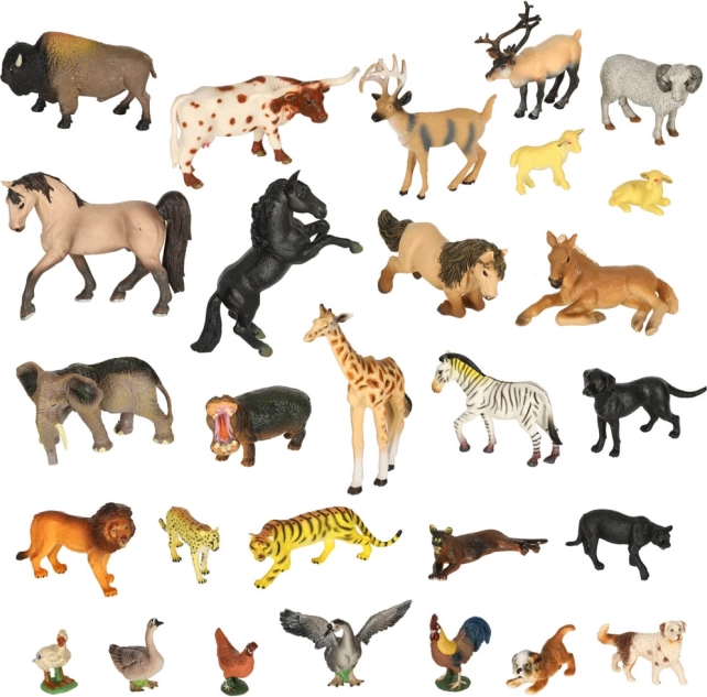 Set dierenfiguren – dierentuin, safari en boerderij, 28 stuks met opbergbox