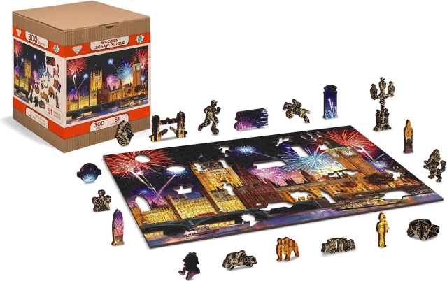 Wooden Puzzle London at Night with Fireworks