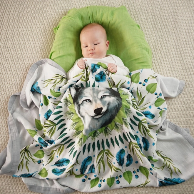 Bamboo Muslin Blanket Tommy Lise with Wolf Motif 106x106 cm