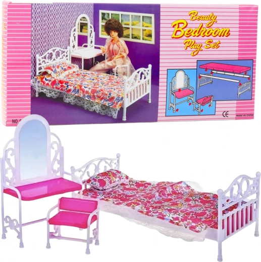Babaszobabútor szett ággyal, fésülködőasztallal és székkel virágos ágyneművel