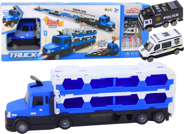 Truck with 2-in-1 extendable racing track, lights and sounds, police cars, blue