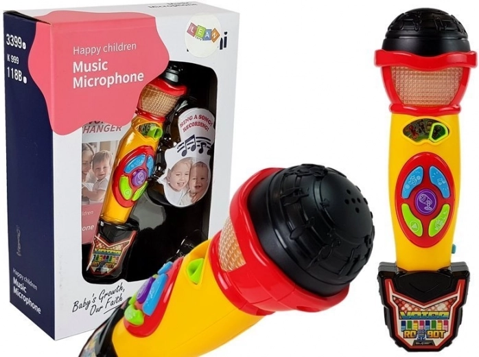 Kids' karaoke microphone yellow-black with recording and light effects
