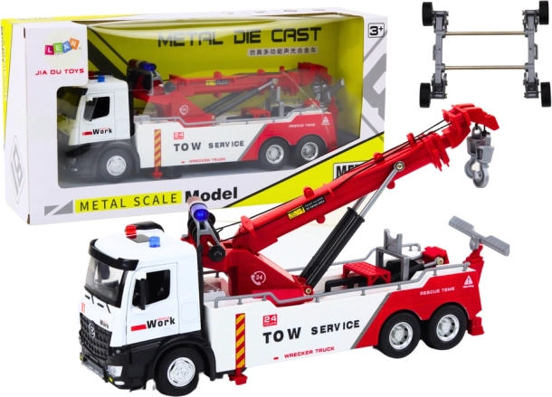 metal tow truck with crane with two hooks, lights and sounds, white-red