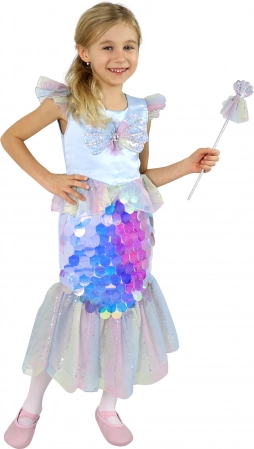 Costume enfant sirène S – robe à paillettes et baguette magique