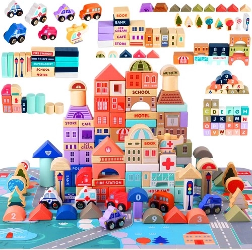 Drveni grad građevni set 115 dijelova s puzzle podlogom KRUZZEL