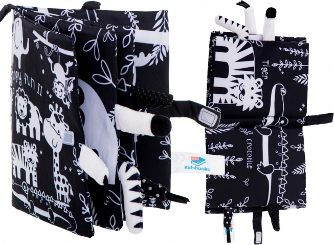 Soft high-contrast sensory book with safari animal tails
