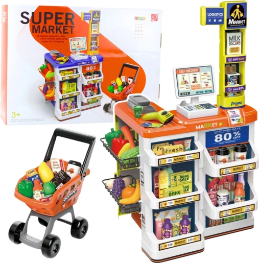 Sklepik dziecięcy z kasą i wózkiem – zestaw supermarket 60 elementów