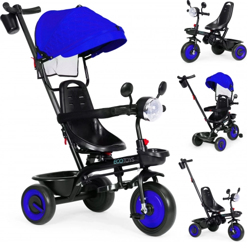 3-in-1 kids’ tricycle with swivel seat and canopy, blue, ECOTOYS