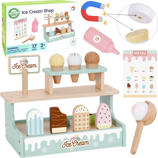 Drewniany stragan z lodami WOOPIE GREEN – zabawa w lody, 16 elementów