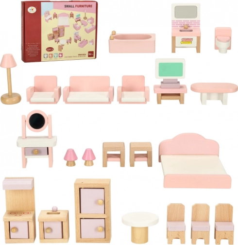 Wooden dollhouse furniture – living room, bedroom, bathroom and kitchen, pink