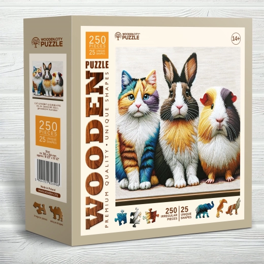 Wooden Puzzle Cat, Rabbit, and Guinea Pig 250 Pieces by Wooden City