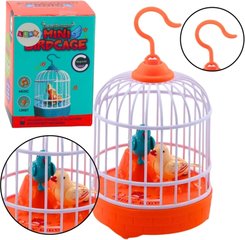 Singende Vögel im Käfig – orange, Licht und Sound