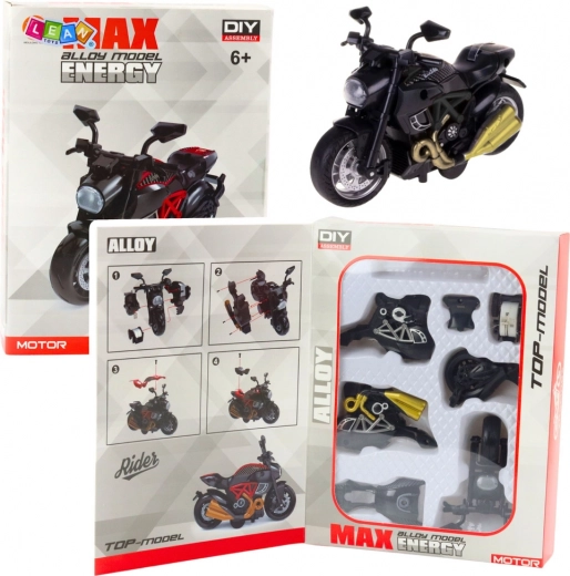 Kovový model motocykla na zostavenie 1:14, čierny so zlatými prvkami