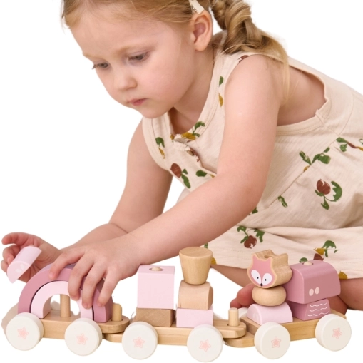 PolarB wooden pink train with carriages and building blocks Viga