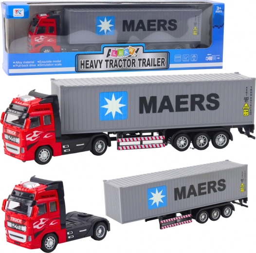 Container truck with pull-back drive, opening doors, red-grey