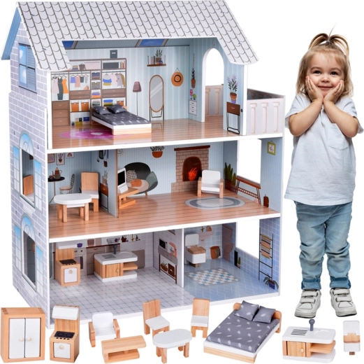 Wooden dollhouse with 3 floors and furniture