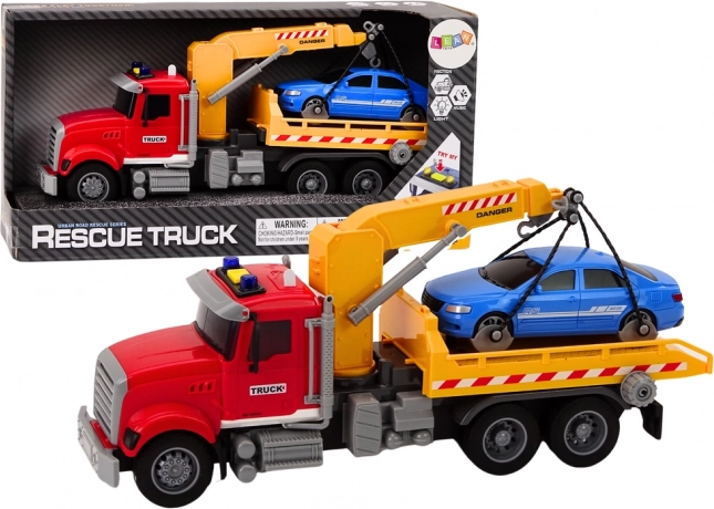 Red tow truck with crane and light effects