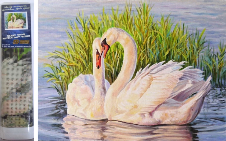 Malowanie diamentowe – łabędzie w trzcinach 30 × 40 cm