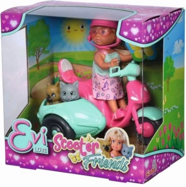 Bábika EVI LOVE na skútri so psíkom a mačičkou, 12 cm