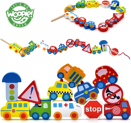Woopie Green drvene nizanljive perle vozila 13 kom