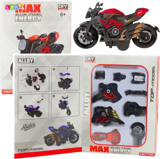 Motocykel na zostavenie 1:14 čierno‑červený kovový model DIY
