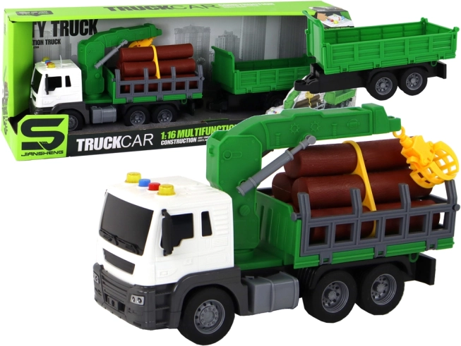 Groene bosbouwtruck met kraan en aanhanger 1:16 met geluiden en vliegwiel