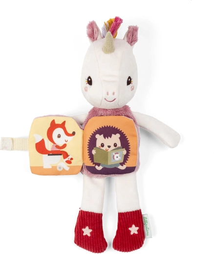 Stoffen boekje met verhaaltje op de buik