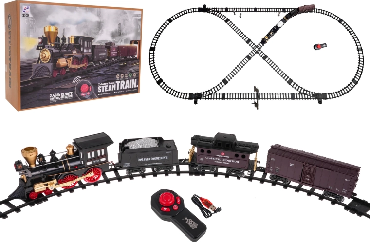 Treno vintage telecomandato 2,4 GHz con suoni, luci e funzione fumo per bambini 5+