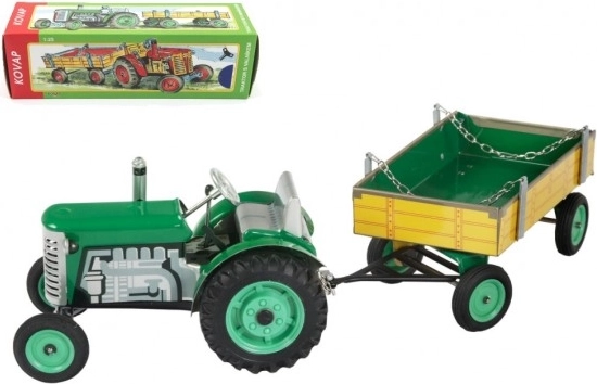 Trattore verde Zetor con rimorchio e carillon a molla Kovap