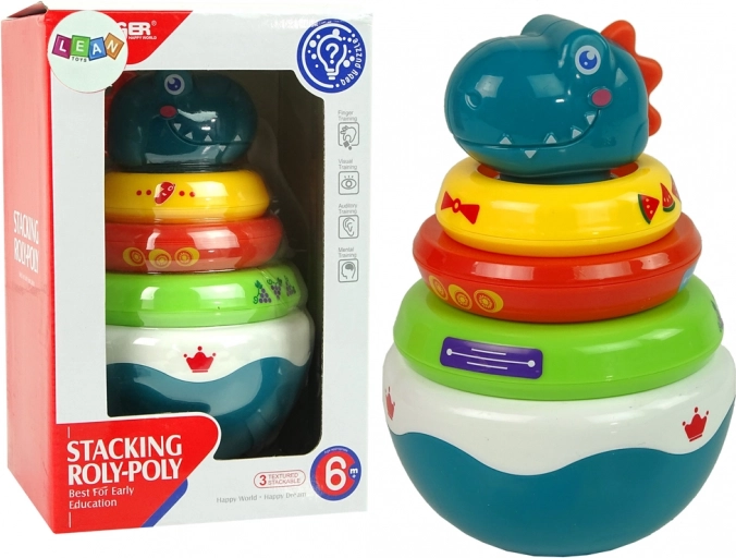 dinosaur rattle with colorful rings and a wobbling non-tip base
