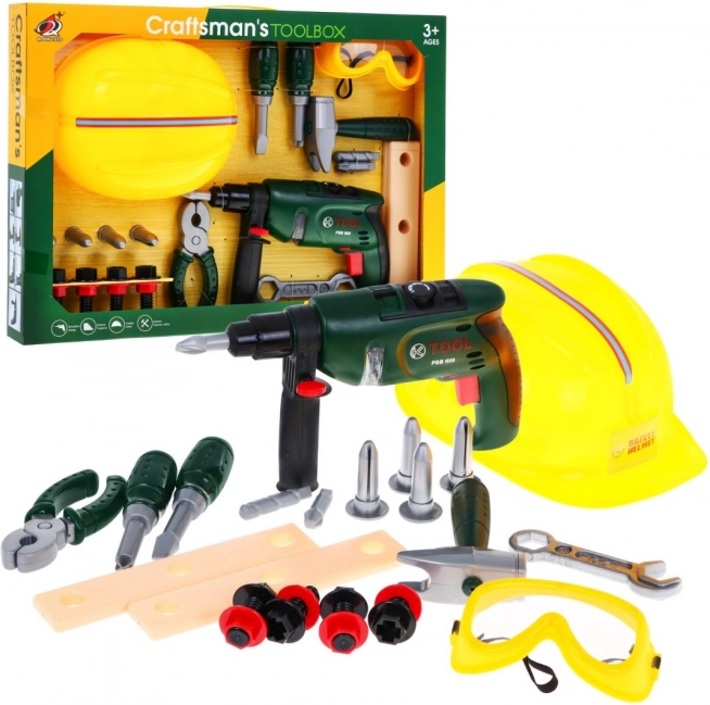 Small Builder Set for Kids 3+ Electric Screwdriver + Helmet and Goggles + Tools