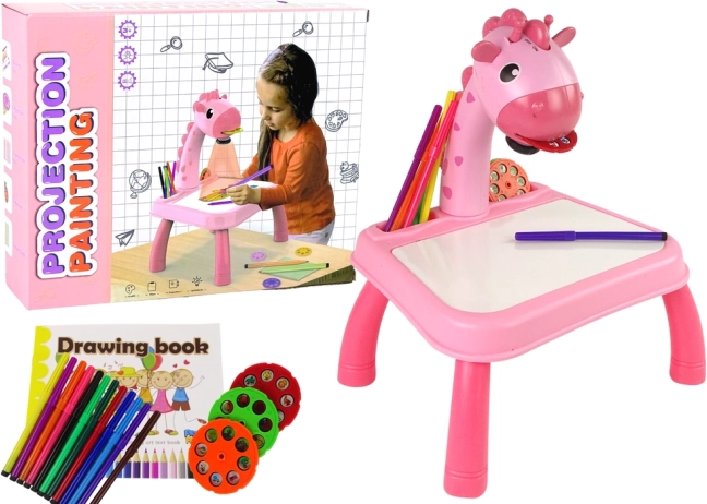 Kids' projection drawing table – pink, giraffe, 24 designs, 12 markers