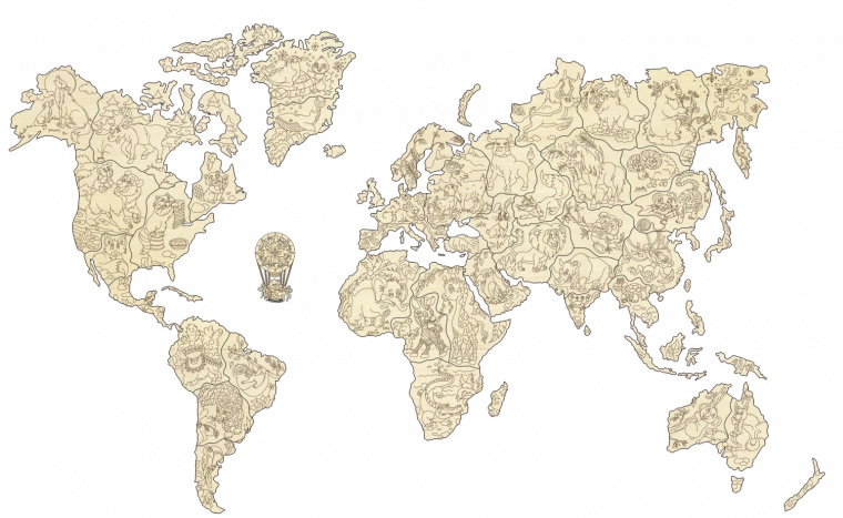 Mappa del mondo 3D in legno con animali, dimensione M