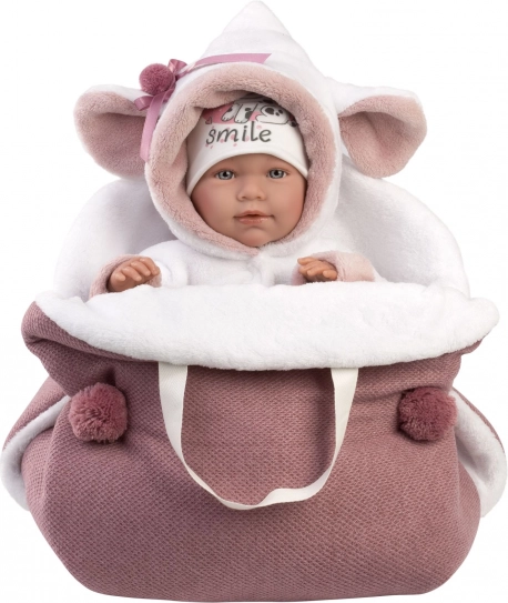 realistische babypop in roze wikkeldoek 42 cm Llorens